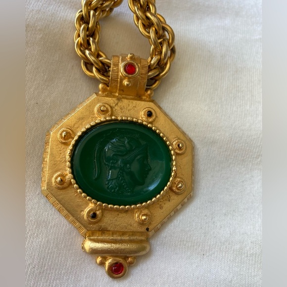 Gerard Yosca Rare Vintage Renaissance Revival Green Carved Cameo Necklace